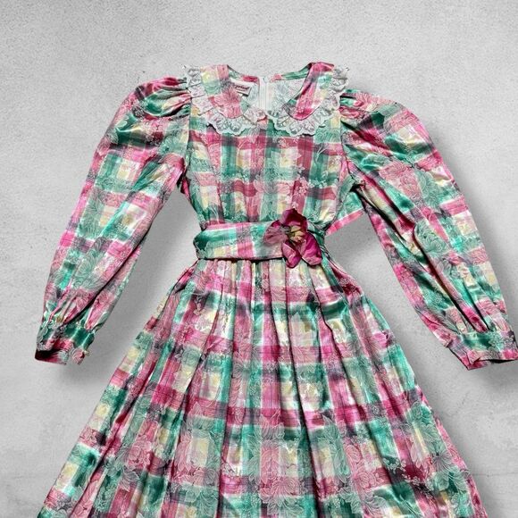Vintage Storybook Heirlooms Girls Dress 8 Plaid Lace Metallic Brocade Victorian - Picture 7 of 14